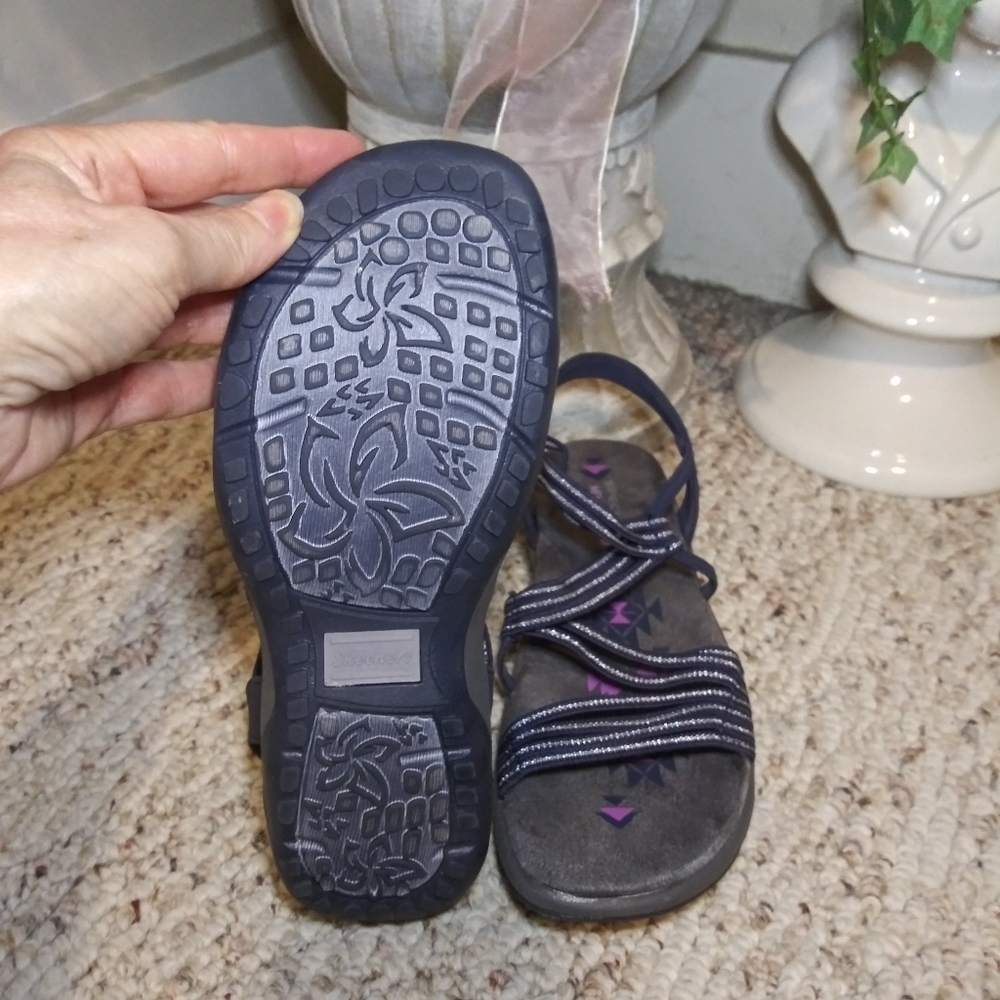 Skechers Reggae Slim "Stretch Slinky" Navy & Silver Washable Memory Foam Sandals - Picture 6 of 9